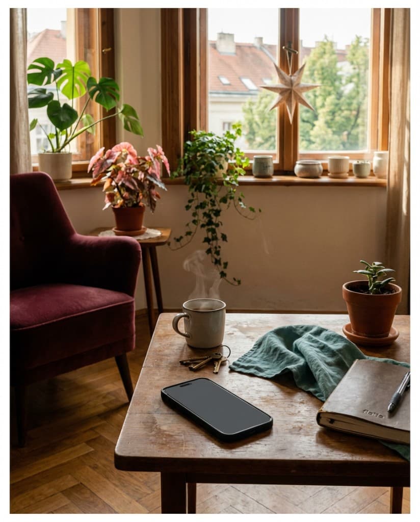 Sunlit living room with wooden table, plants, and a Flatie journal by the window